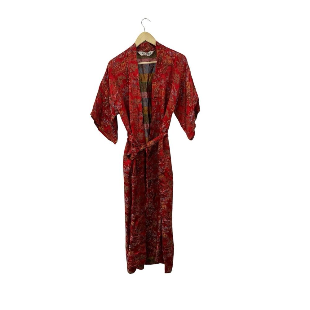 Vintage Eastex Silk Kimono Robe Small Tie Waist Red Asian Pattern Womens READ